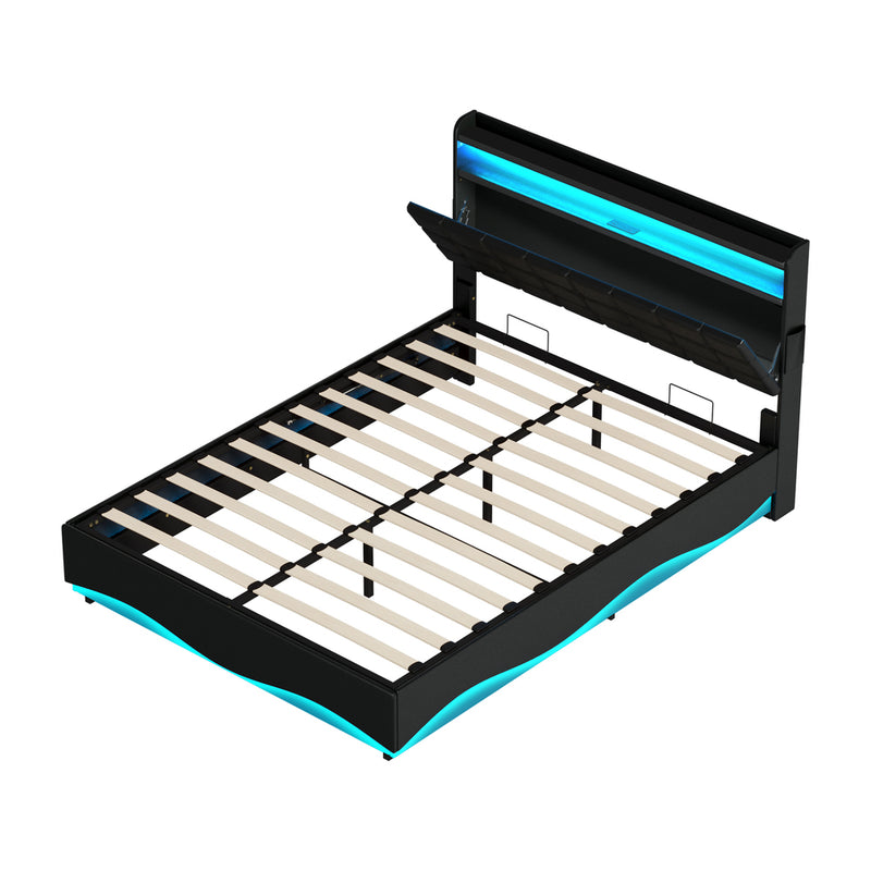 Oikiture Double Bed Frame Gas Lift LED Storage Headboard USB Black