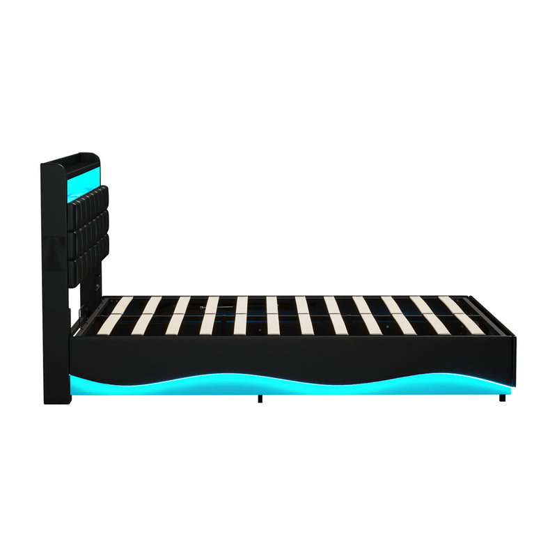 Oikiture Double Bed Frame Gas Lift LED Storage Headboard USB Black