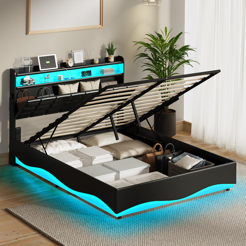 Oikiture Double Bed Frame Gas Lift LED Storage Headboard USB Black