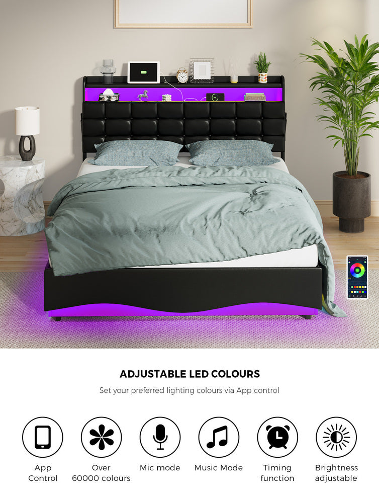 Oikiture Double Bed Frame Gas Lift LED Storage Headboard USB Black