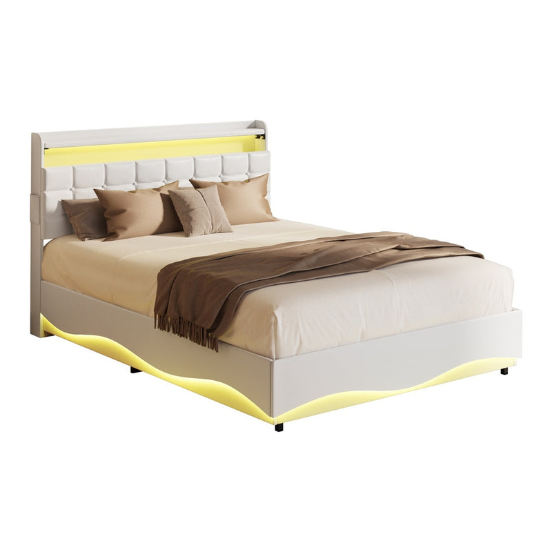 Oikiture Double Bed Frame LED Gas Lift Storage Headboard USB Charging