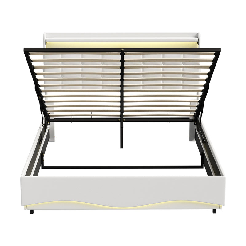Oikiture Double Bed Frame LED Gas Lift Storage Headboard USB Charging