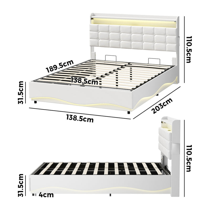 Oikiture Double Bed Frame LED Gas Lift Storage Headboard USB Charging