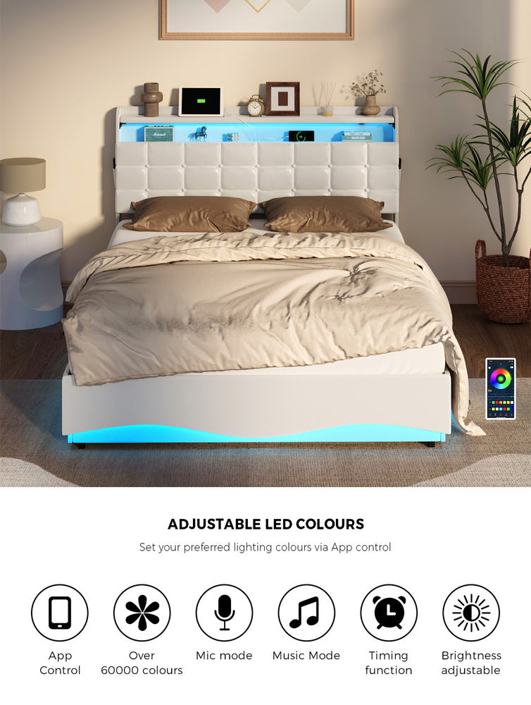 Oikiture Double Bed Frame LED Gas Lift Storage Headboard USB Charging