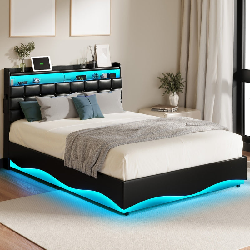 Oikiture Queen Bed Frame Gas Lift LED Storage Headboard USB Black