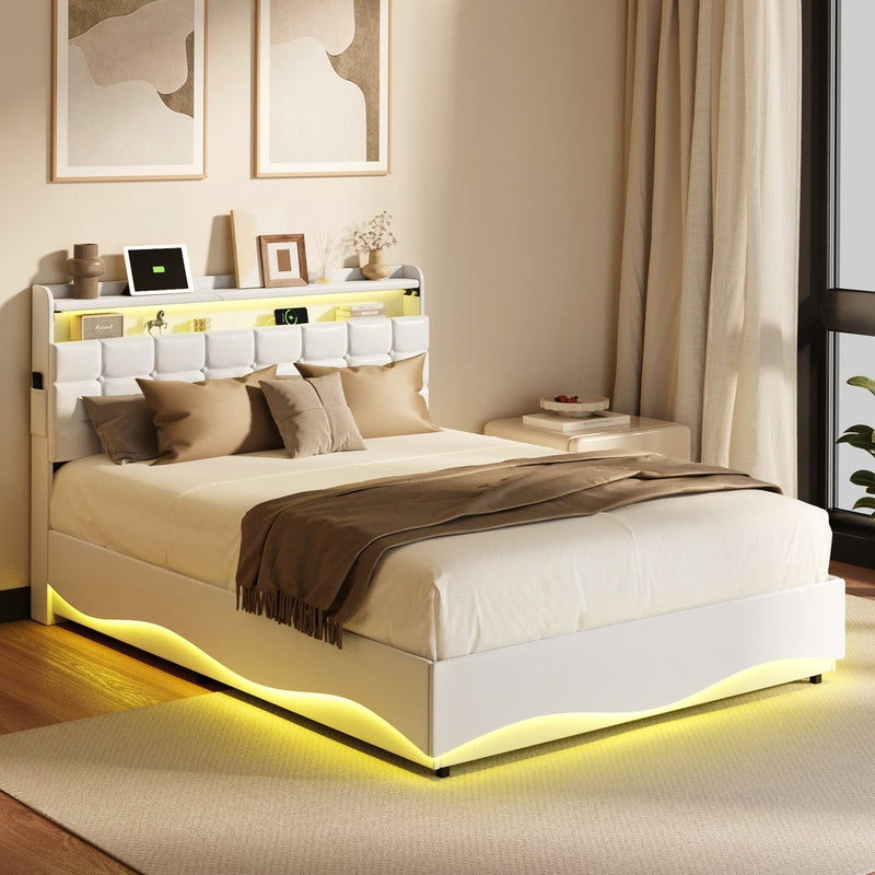 Oikiture Queen Bed Frame LED Gas Lift Storage Headboard USB Charging