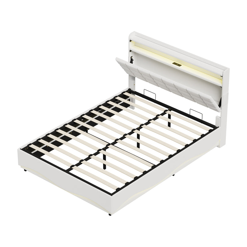 Oikiture Queen Bed Frame LED Gas Lift Storage Headboard USB Charging