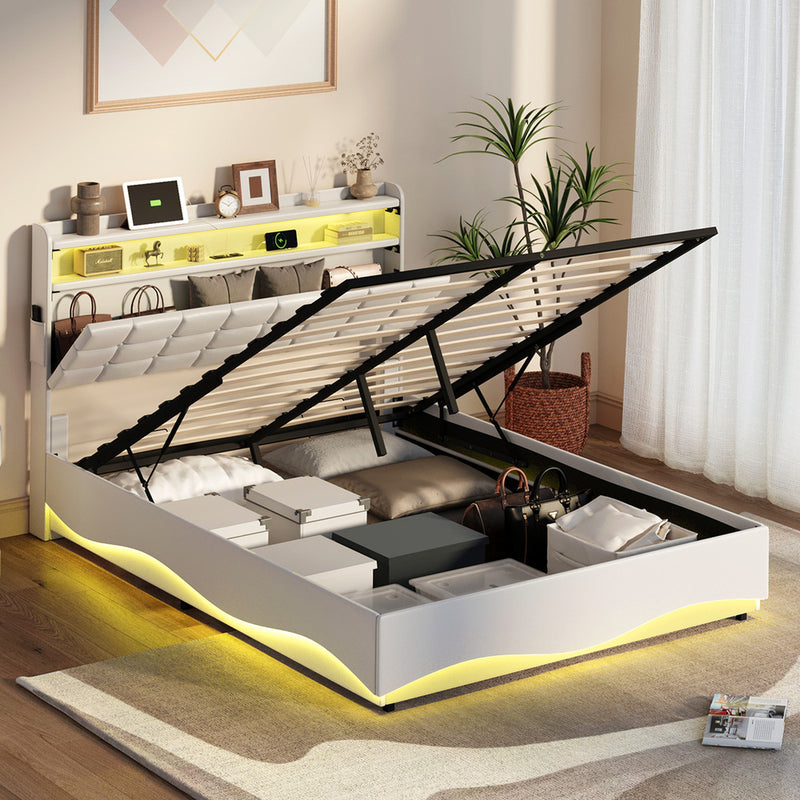 Oikiture Queen Bed Frame LED Gas Lift Storage Headboard USB Charging
