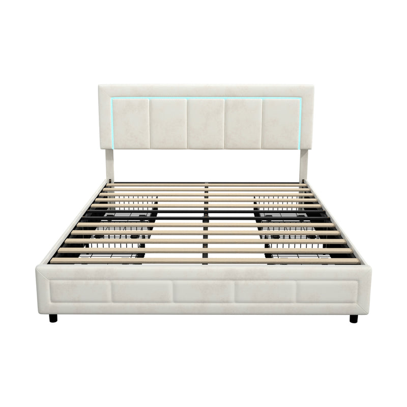 Oikiture LED Bed Frame Double Size 4 Drawers Adjustable Head Beige