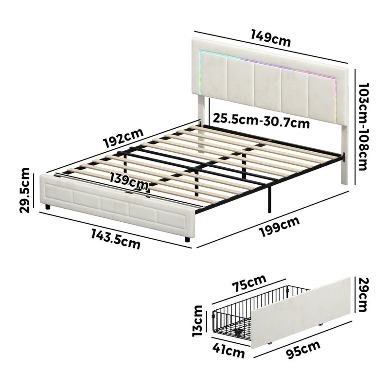 Oikiture LED Bed Frame Double Size 4 Drawers Adjustable Head Beige