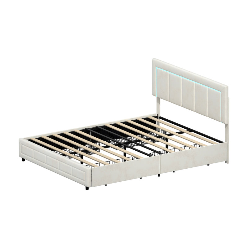 Oikiture LED Bed Frame Double Size 4 Drawers Adjustable Head Beige