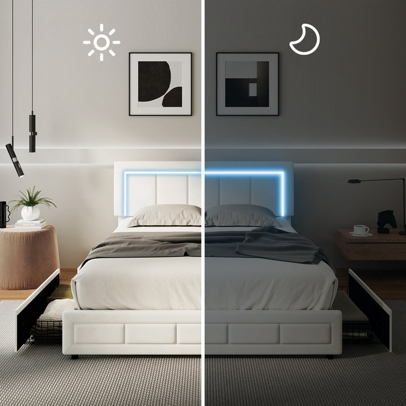 Oikiture LED Bed Frame Double Size 4 Drawers Adjustable Head Beige