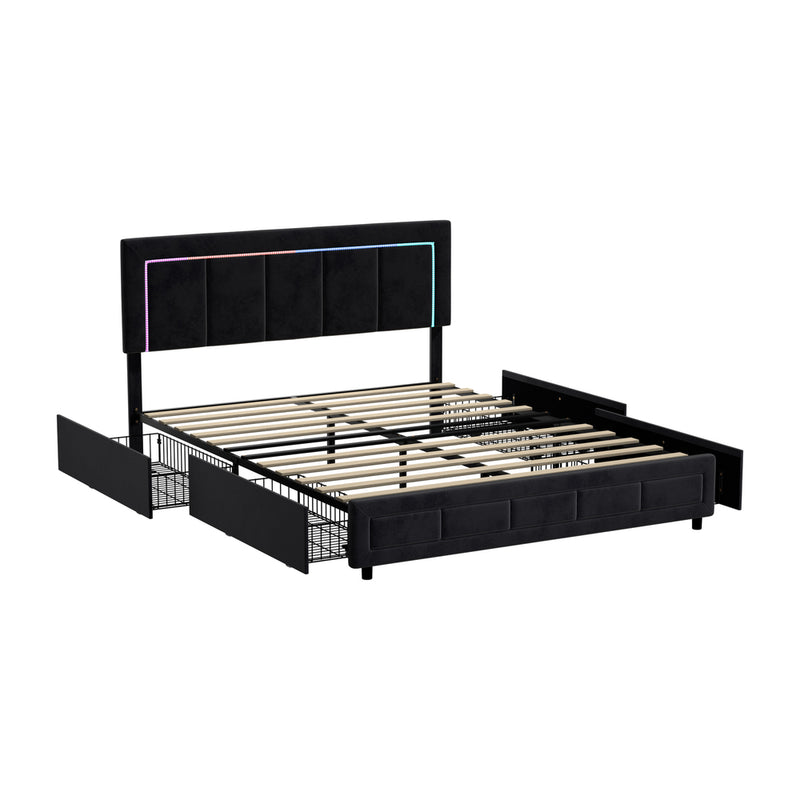 Oikiture LED Bed Frame Double Size 4 Drawers Adjustable Head Black