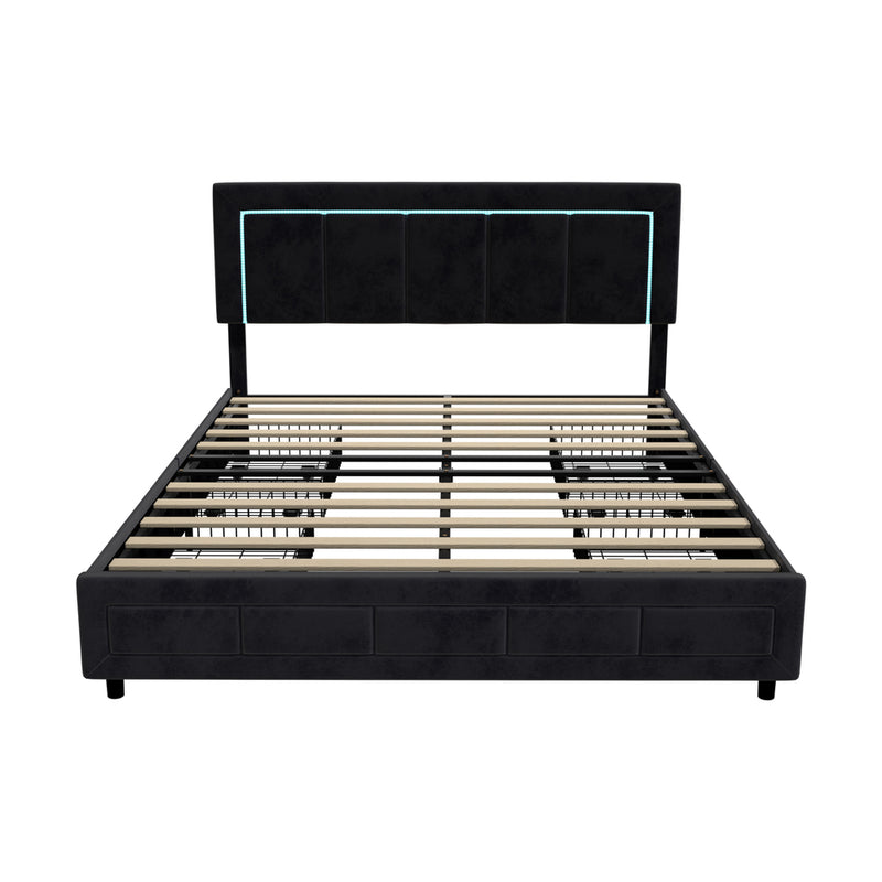 Oikiture LED Bed Frame Double Size 4 Drawers Adjustable Head Black