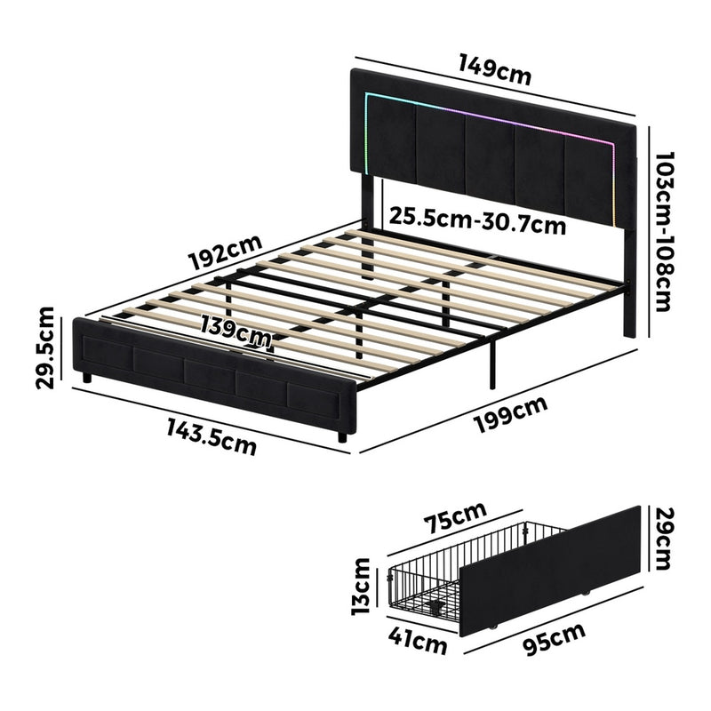 Oikiture LED Bed Frame Double Size 4 Drawers Adjustable Head Black
