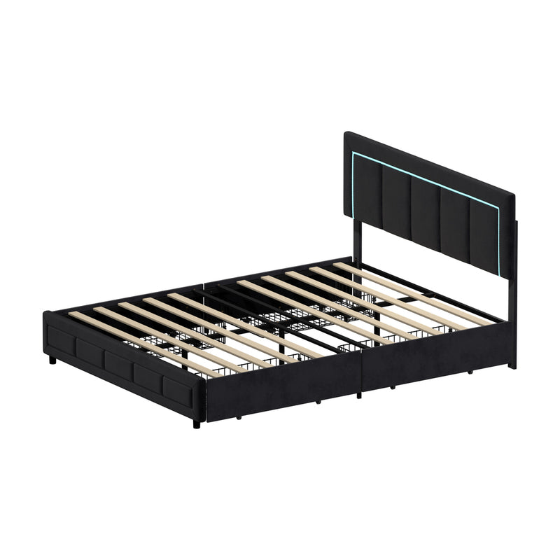 Oikiture LED Bed Frame Double Size 4 Drawers Adjustable Head Black