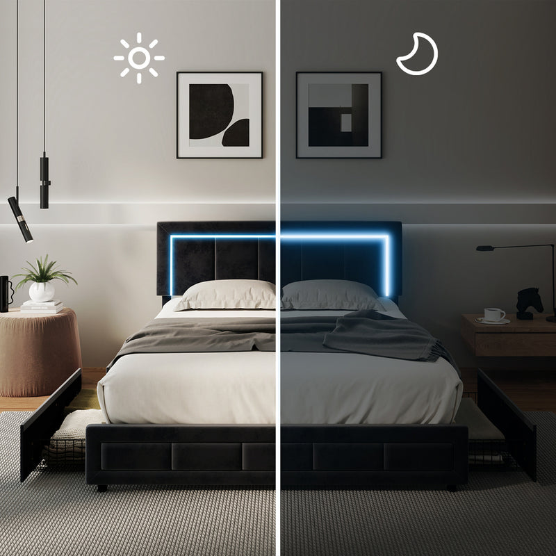 Oikiture LED Bed Frame Double Size 4 Drawers Adjustable Head Black
