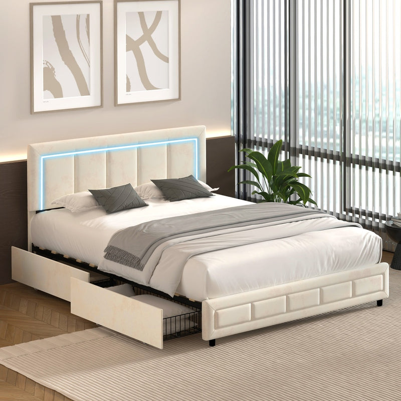 Oikiture LED Bed Frame Queen Size 4 Drawers Adjustable Headboard Beige