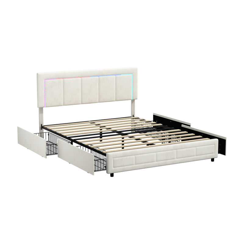 Oikiture LED Bed Frame Queen Size 4 Drawers Adjustable Headboard Beige