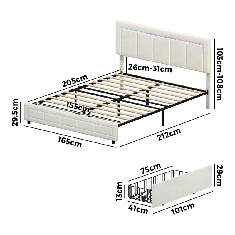 Oikiture LED Bed Frame Queen Size 4 Drawers Adjustable Headboard Beige