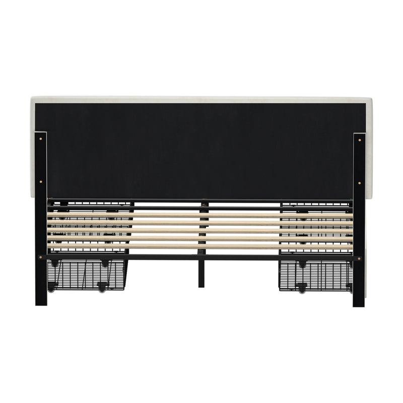 Oikiture LED Bed Frame Queen Size 4 Drawers Adjustable Headboard Beige