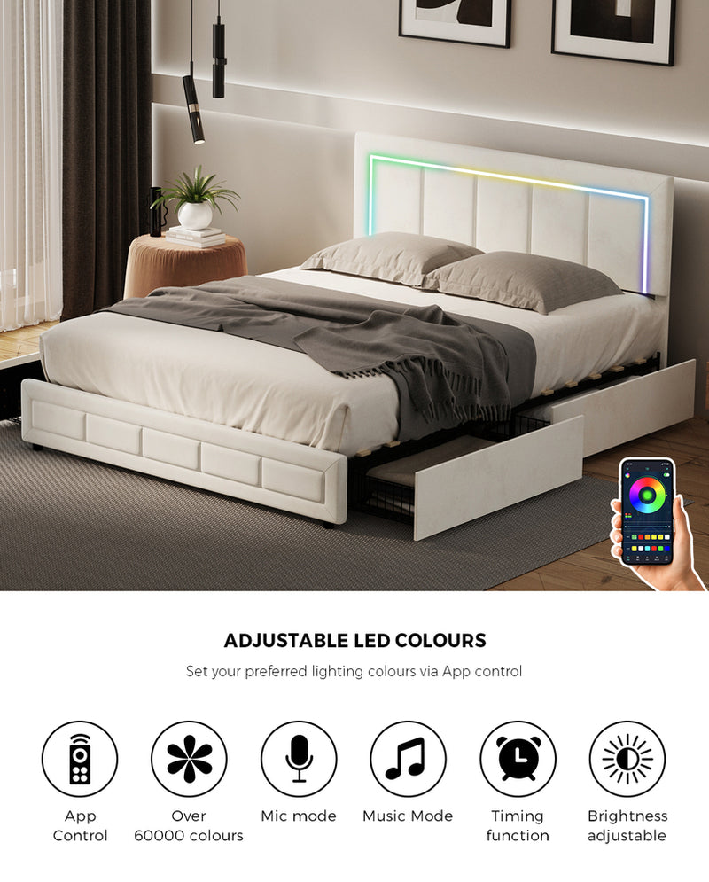 Oikiture LED Bed Frame Queen Size 4 Drawers Adjustable Headboard Beige