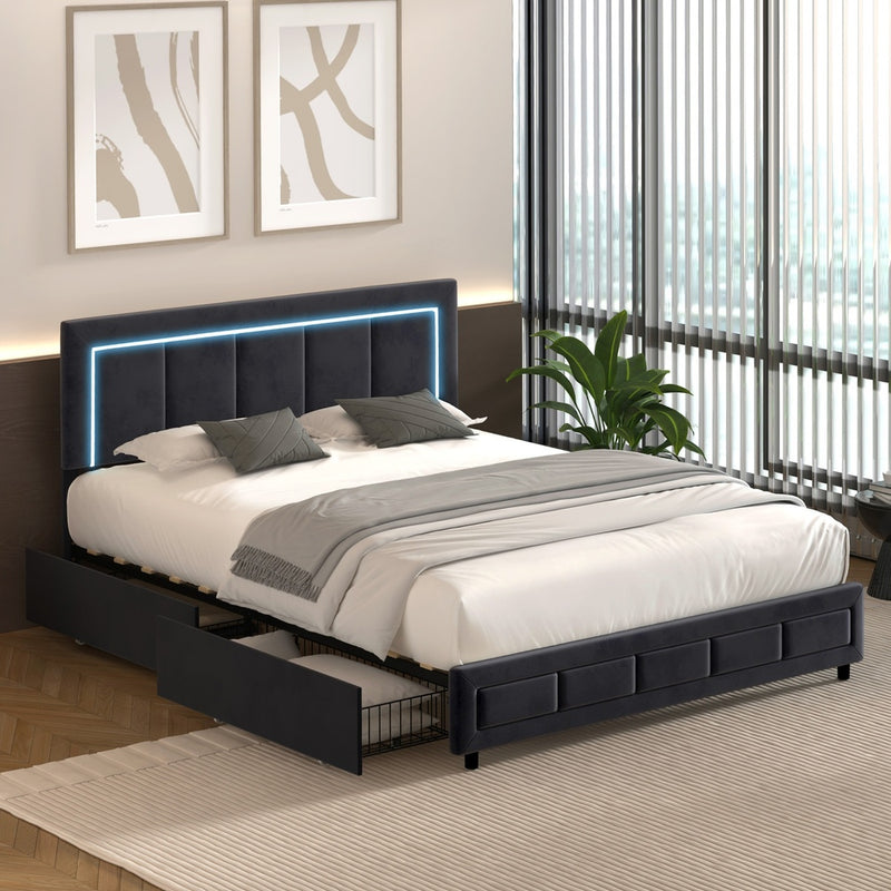 Oikiture LED Bed Frame Queen Size 4 Drawers Adjustable Headboard Black