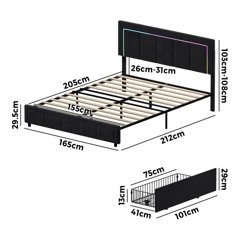 Oikiture LED Bed Frame Queen Size 4 Drawers Adjustable Headboard Black