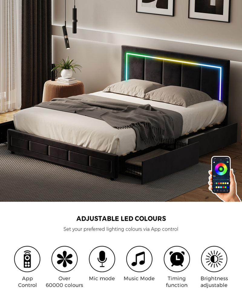 Oikiture LED Bed Frame Queen Size 4 Drawers Adjustable Headboard Black