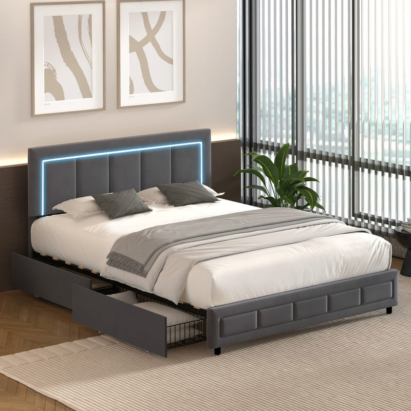 Oikiture LED Bed Frame Queen Size 4 Drawers Adjustable Head Velvet