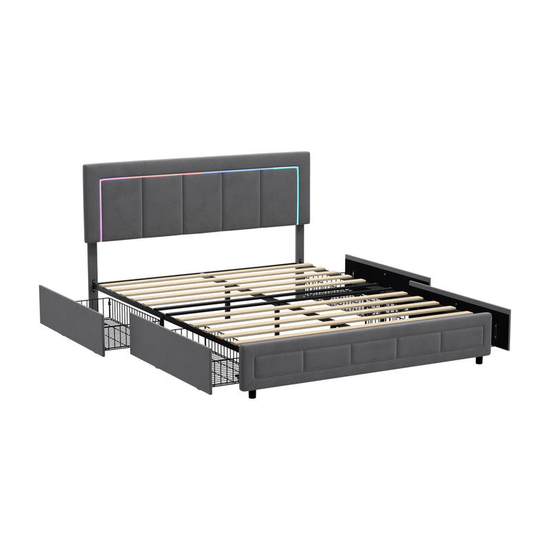 Oikiture LED Bed Frame Queen Size 4 Drawers Adjustable Head Velvet