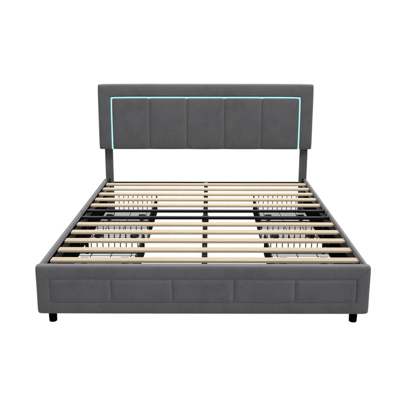 Oikiture LED Bed Frame Queen Size 4 Drawers Adjustable Head Velvet
