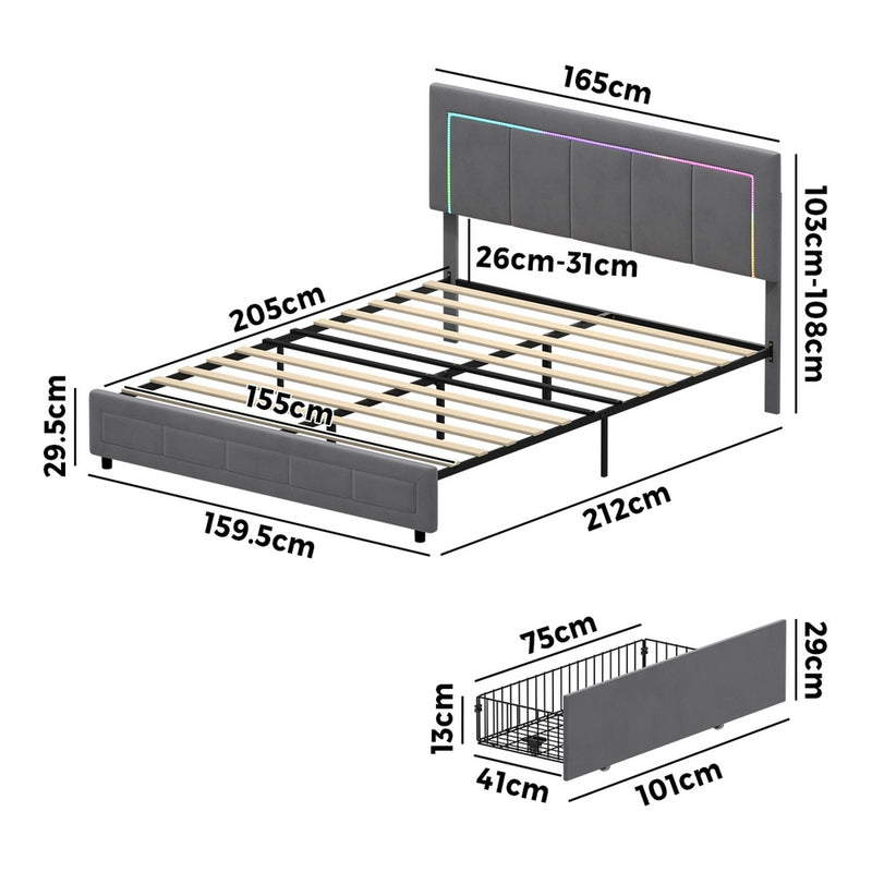 Oikiture LED Bed Frame Queen Size 4 Drawers Adjustable Head Velvet
