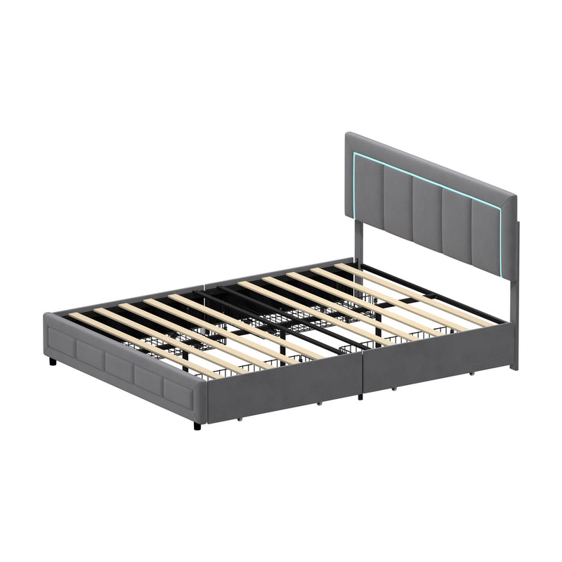 Oikiture LED Bed Frame Queen Size 4 Drawers Adjustable Head Velvet