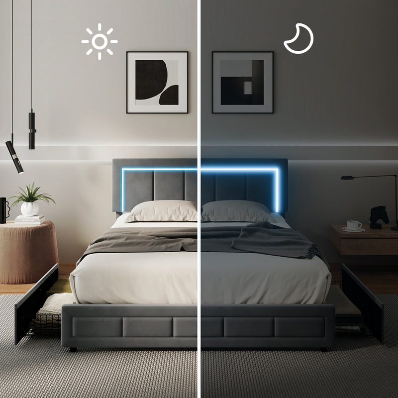 Oikiture LED Bed Frame Queen Size 4 Drawers Adjustable Head Velvet