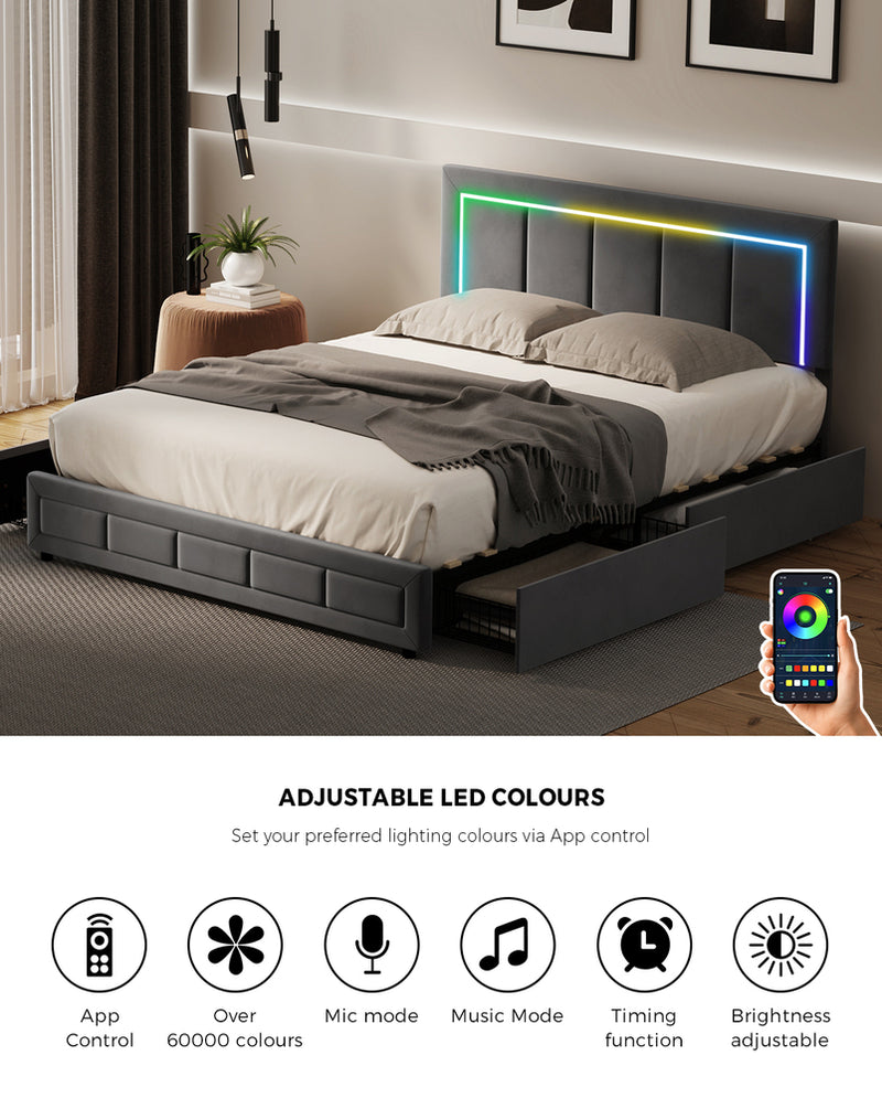 Oikiture LED Bed Frame Queen Size 4 Drawers Adjustable Head Velvet