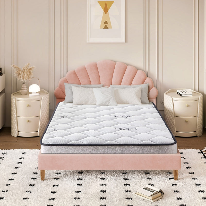 Oikiture Bed Frame with Mattress Double Size Pink Velvet