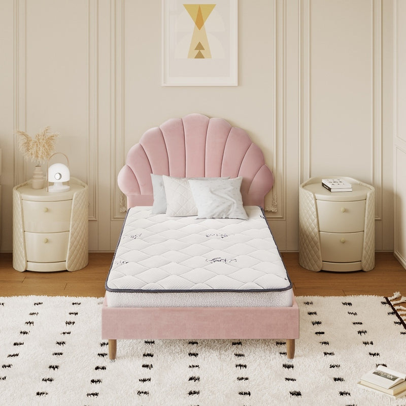 Oikiture Bed Frame with Mattress Single Size Pink Velvet
