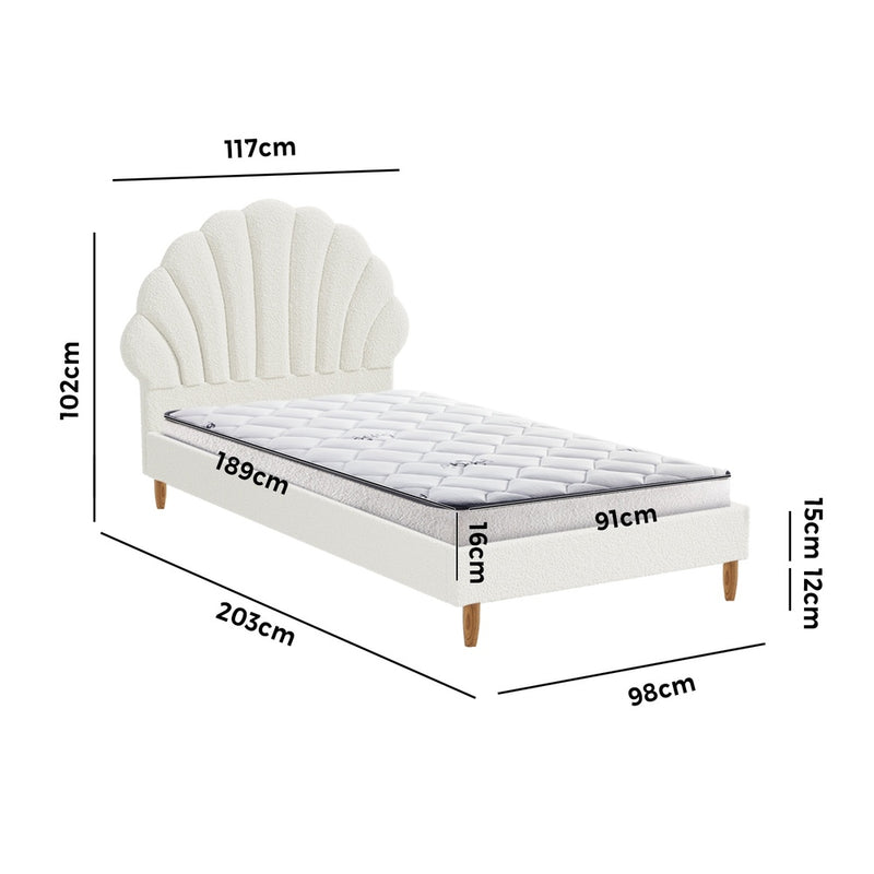 Oikiture Bed Frame with Mattress Single Size White Boucle