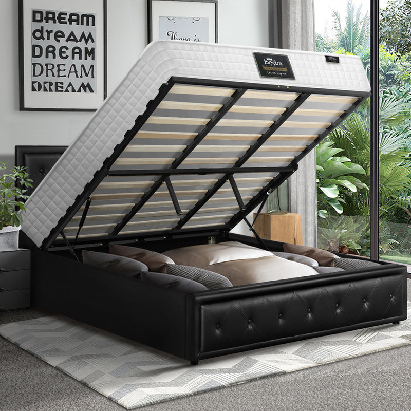 Oikiture Bed Frame with Mattress King Size Gas Lift Black Leather