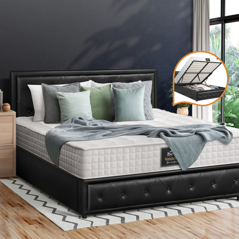 Oikiture Bed Frame with Mattress Queen Size Gas Lift Black Leather