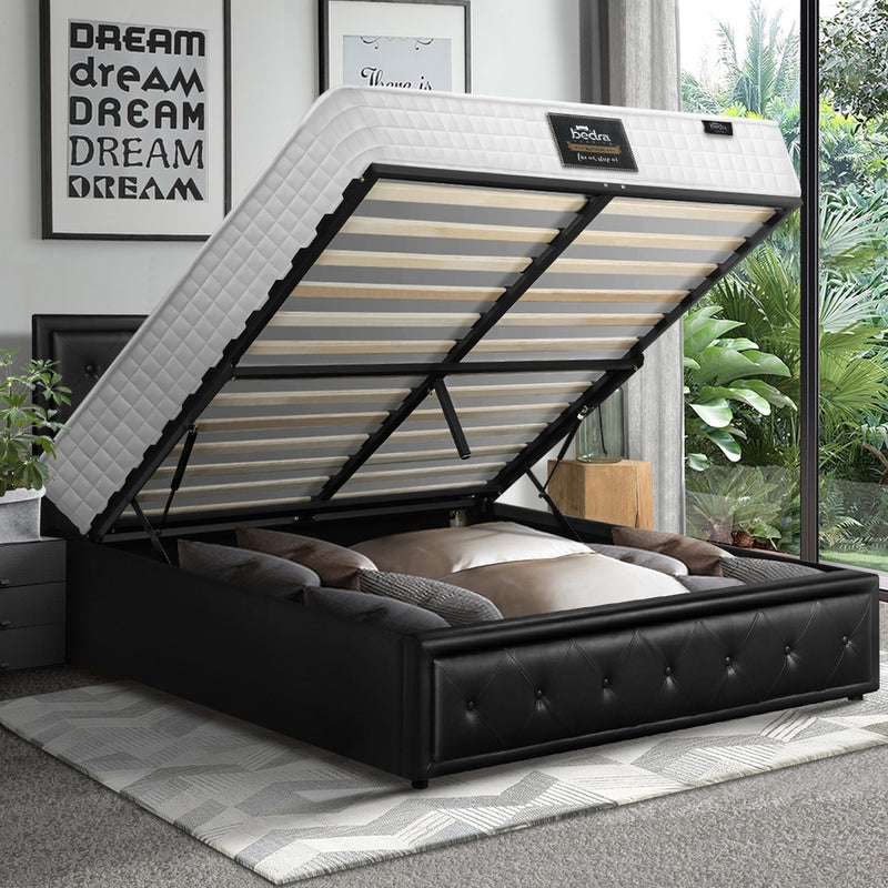 Oikiture Bed Frame with Mattress Queen Size Gas Lift Black Leather