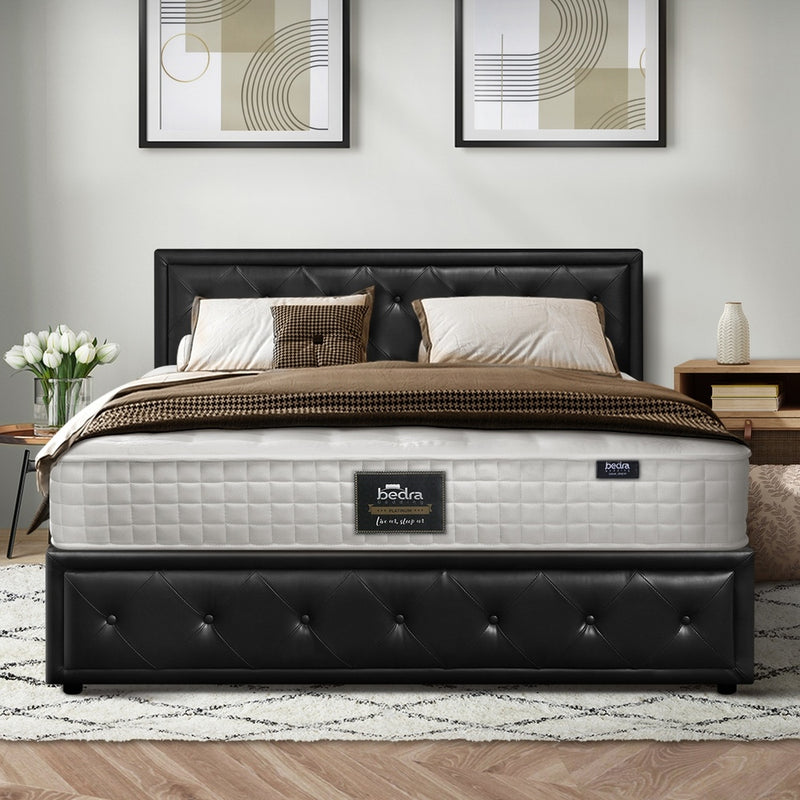 Oikiture Bed Frame with Mattress Queen Size Gas Lift Black Leather