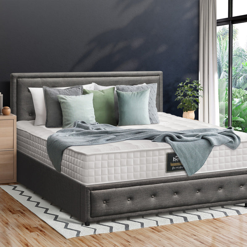 Oikiture Bed Frame with Mattress Double Size Gas Lift Grey Fabric