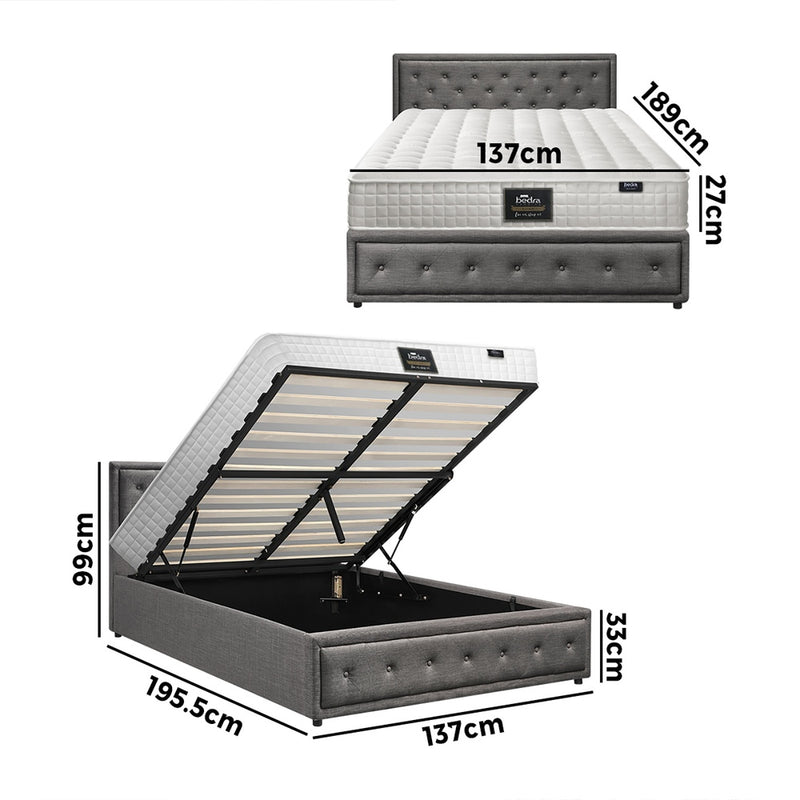 Oikiture Bed Frame with Mattress Double Size Gas Lift Grey Fabric