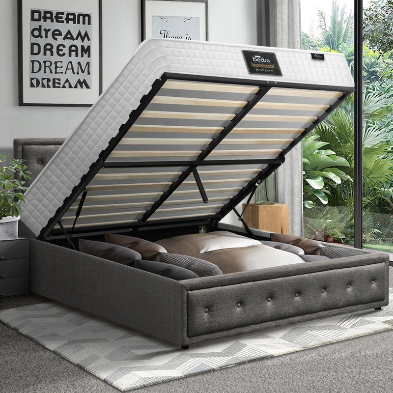 Oikiture Bed Frame with Mattress Double Size Gas Lift Grey Fabric