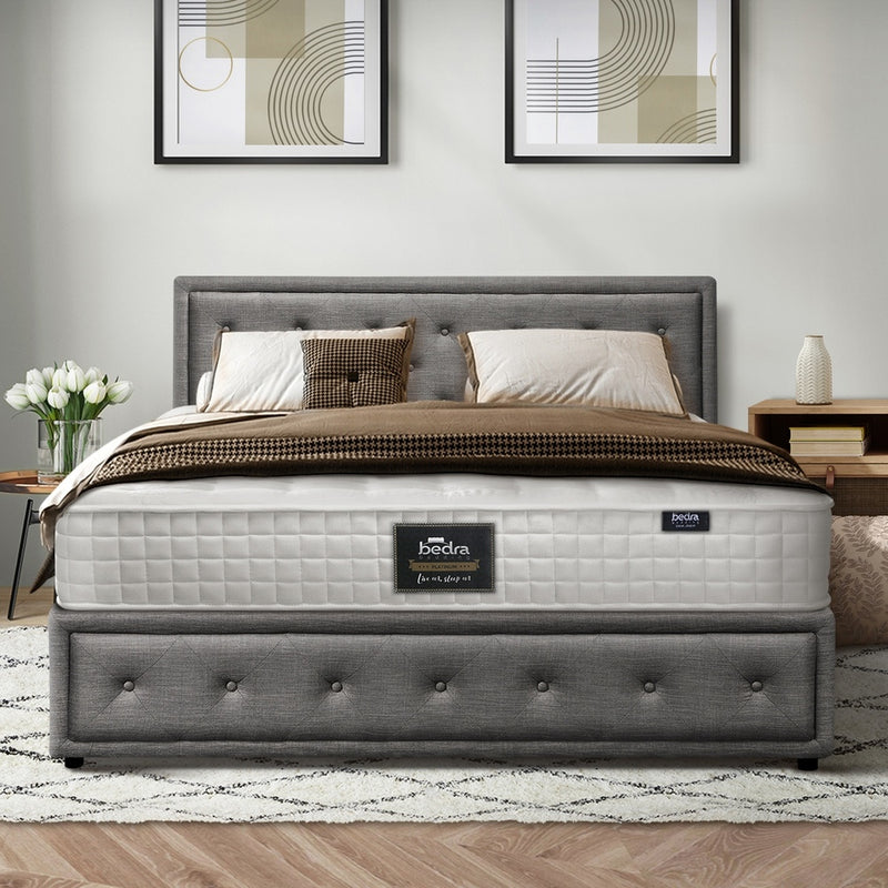 Oikiture Bed Frame with Mattress Double Size Gas Lift Grey Fabric