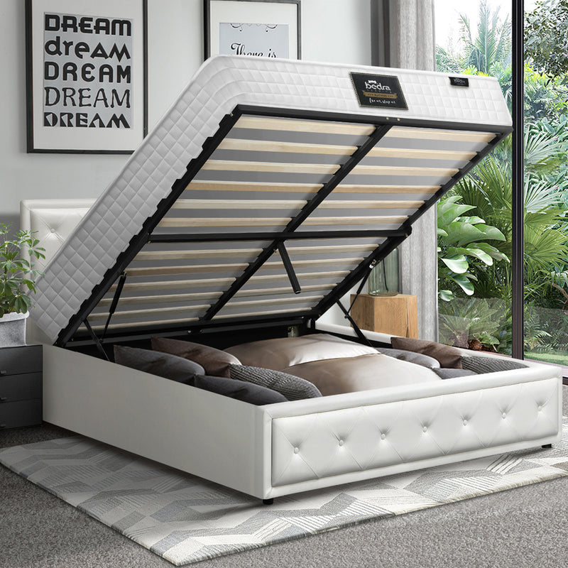 Oikiture Bed Frame with Mattress Set Double Size Gas Lift White