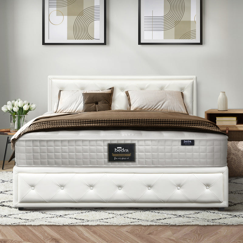 Oikiture Bed Frame with Mattress Set Double Size Gas Lift White