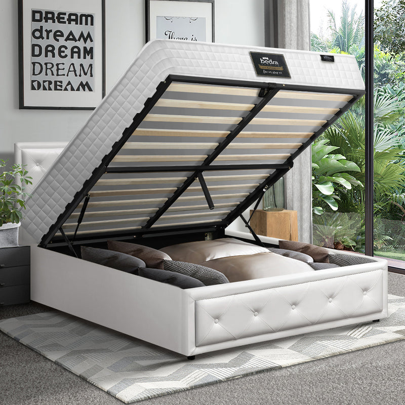 Oikiture Bed Frame with Mattress King Single Gas Lift White